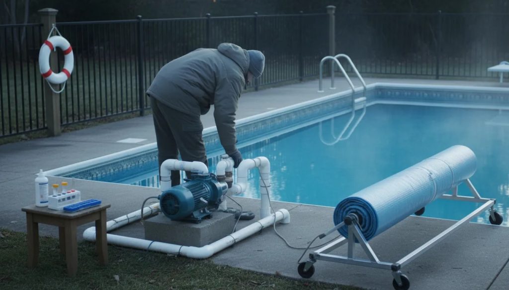 Homeowner checking pump and insulated pipes beside a clear backyard pool in mild winter, with safety fence, life ring and pool cover nearby
