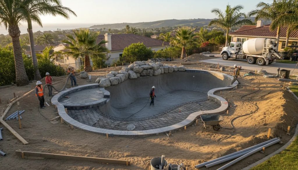 Custom concrete (gunite) pool under construction in a Southern California backyard with exposed rebar, tanning ledge, waterfall feature, construction equipment, palm trees and an ocean glimpse