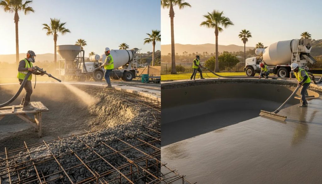 Split-scene photorealistic view of gunite (dry-mix) vs shotcrete (wet-mix) concrete inground pool construction in a Southern California backyard with palm trees