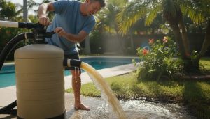 Close-up of a pool sand filter multiport valve with a backwash hose attached and water flowing out during a backwash