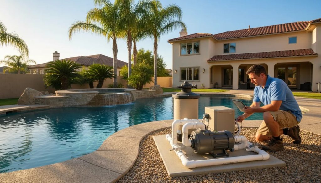 Technician inspecting a modern variable-speed pool pump and filter beside a Southern California concrete inground pool with spa, waterfall, palm trees and stucco house