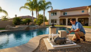 Technician inspecting a modern variable-speed pool pump and filter beside a Southern California concrete inground pool with spa, waterfall, palm trees and stucco house