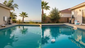 Split-view photorealistic Southern California backyard showing a saltwater pool side with salt crystals and a salt-chlorine generator and a chlorine pool side with a floating tablet dispenser and chemical containers, palm trees and ocean in the background, warm afternoon light