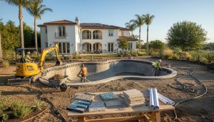 Concrete (gunite) pool under construction in a Southern California backyard with palm trees, stucco house, construction crew, and partially finished pool shell