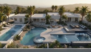 Aerial view of four Southern California backyards showing different inground concrete pool shapes — rectangular, freeform, kidney, and custom — with palm trees, stucco houses, travertine decking and drought-tolerant landscaping.