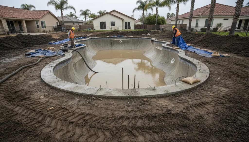 Gunite pool under construction in Southern California with standing water, muddy site, visible concrete cracks and exposed rebar as contractors pump and tarp the basin