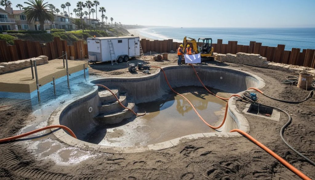 Coastal pool construction near Huntington Beach showing an excavated concrete/gunite pool with dewatering pumps, hoses, sheet piling and a visible high groundwater cutaway