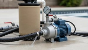 Close-up of an in-ground concrete pool filter system with a pressure gauge and connected hoses, illustrating high-pressure causes and fixes