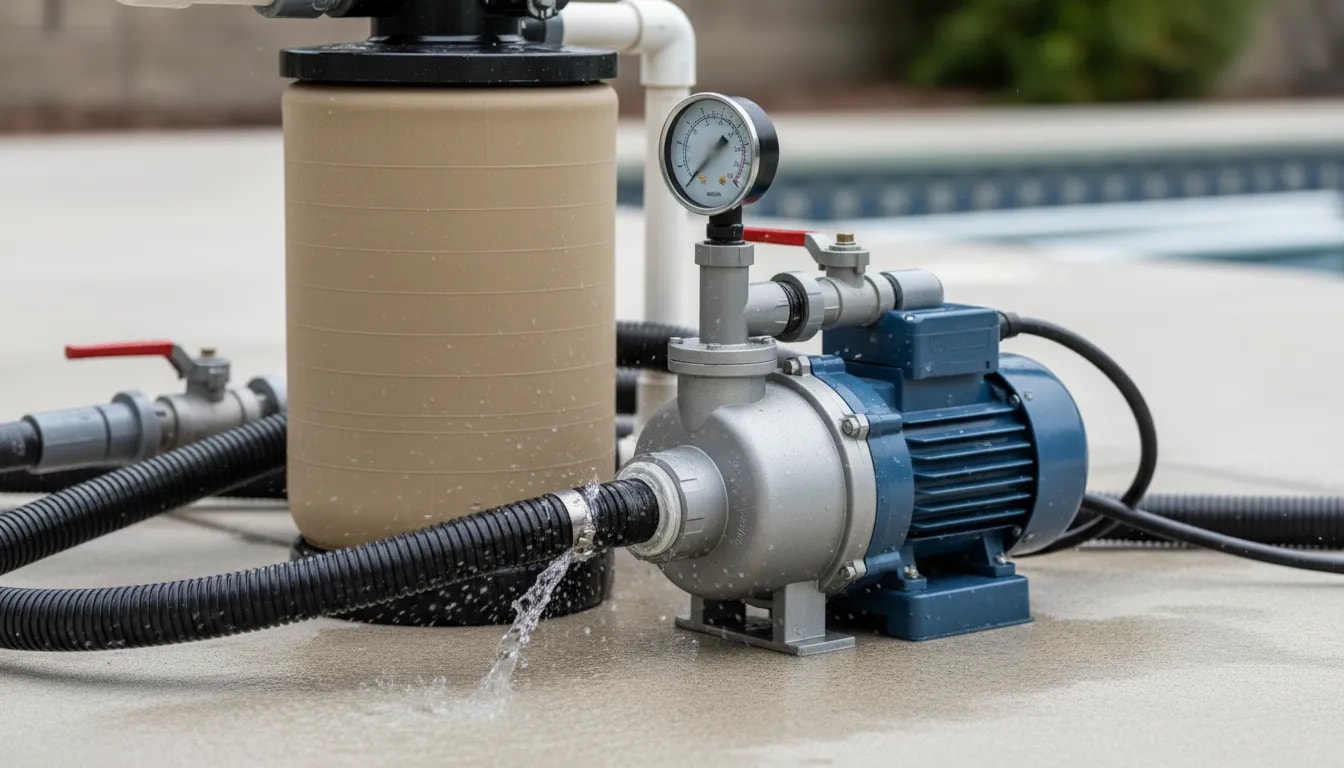 Close-up of an in-ground concrete pool filter system with a pressure gauge and connected hoses, illustrating high-pressure causes and fixes