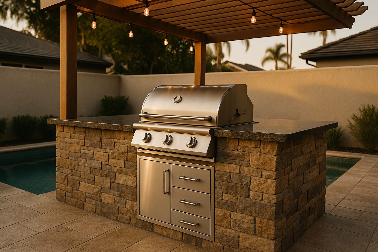 Custom outdoor kitchen with built-in grill, pizza oven, and bar seating in Huntington Beach backyard