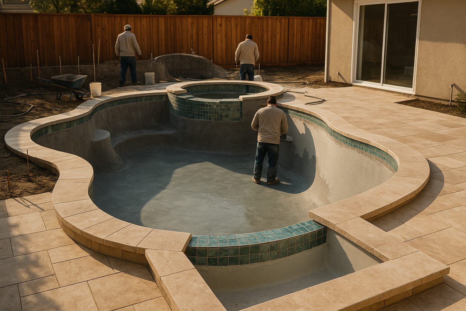 Custom pool builder working on a Huntington Beach backyard pool installation