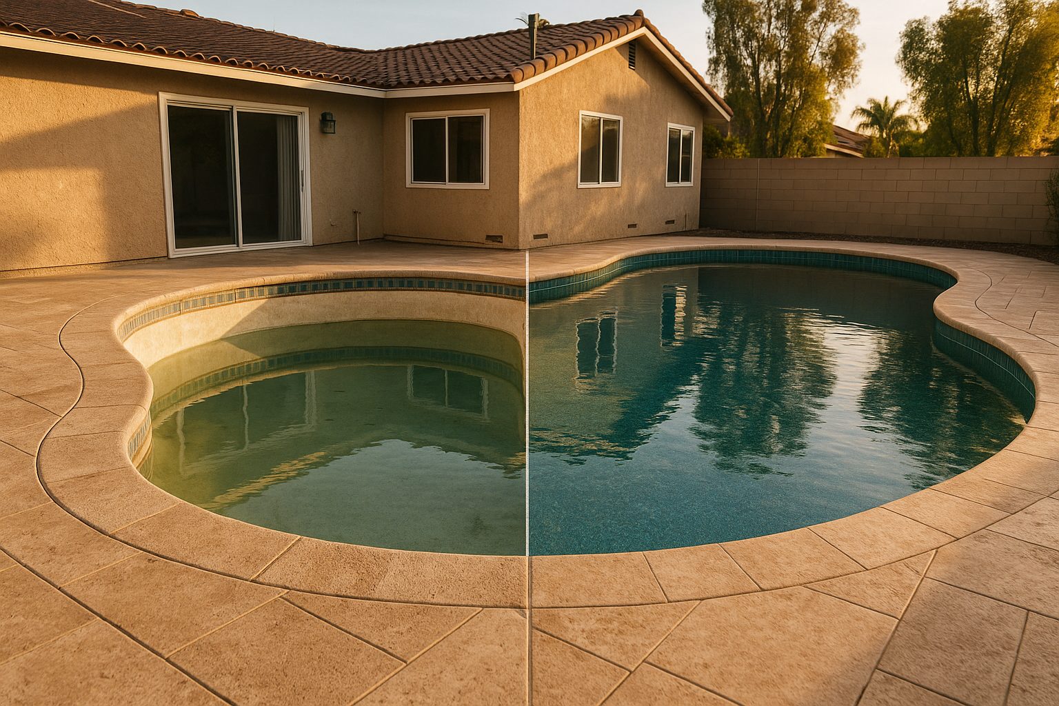 Pool remodel in Huntington Beach with new PebbleTec finish, glass tile waterline, and travertine deck