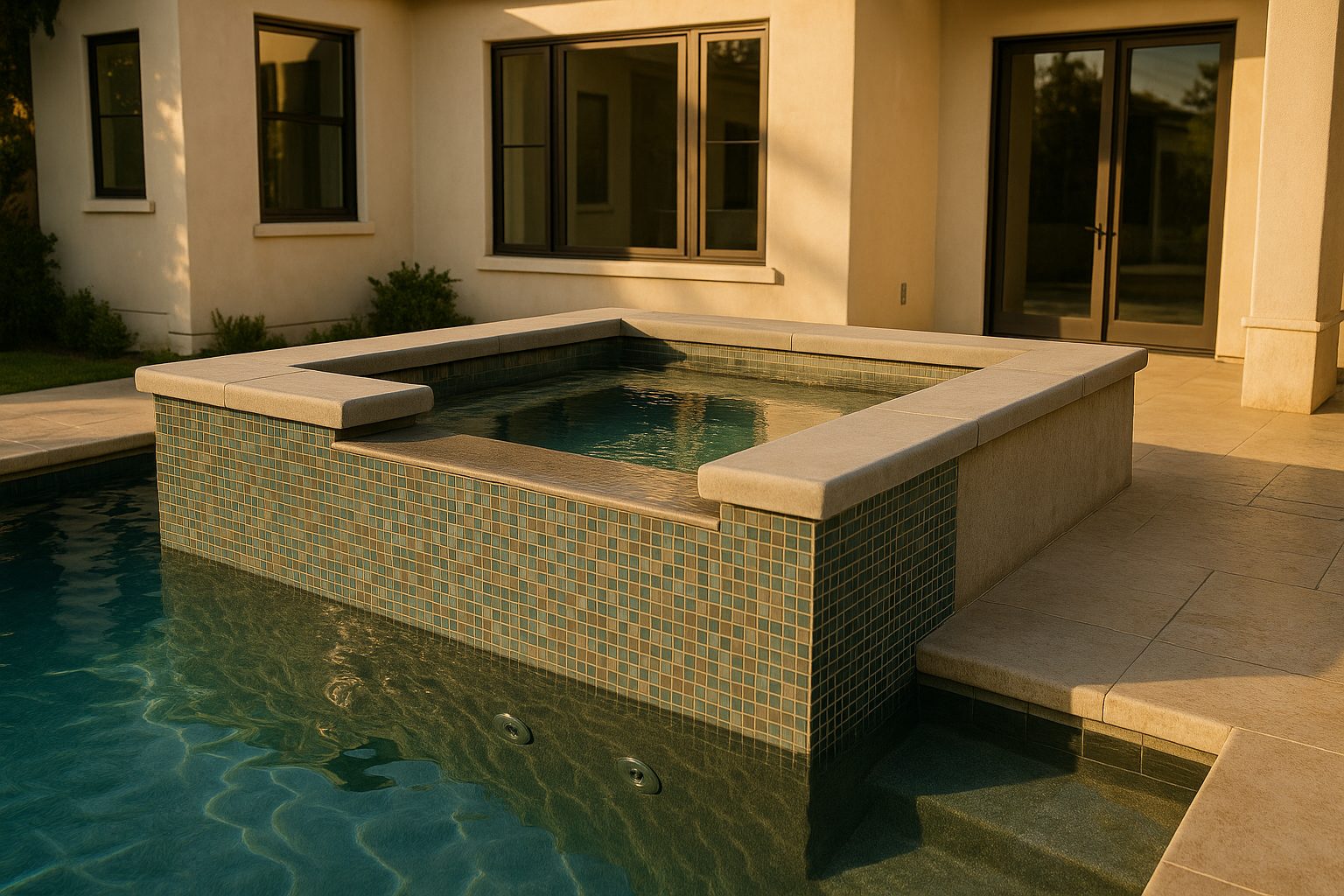 Custom gunite spa with raised wall and spillover into pool, Huntington Beach backyard