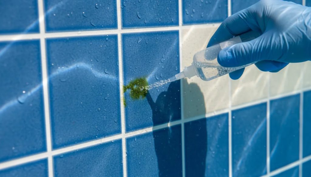 Close-up of pool tile grout with dark green algae lines being treated with chlorine solution using a gloved hand, showing a clean grout area