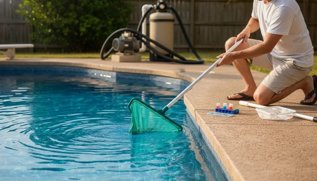 Homeowner performing weekly maintenance on an inground concrete pool with skimmer net and pool test kit on the deck, clean water and backyard equipment in view.