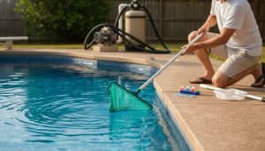 Homeowner performing weekly maintenance on an inground concrete pool with skimmer net and pool test kit on the deck, clean water and backyard equipment in view.