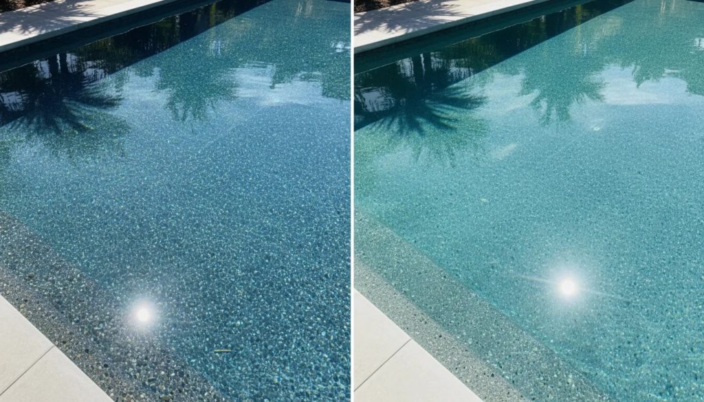 Split-screen comparison of Pebble Tec and Pebble Sheen pool finishes showing different texture and water reflectivity in a Southern California concrete pool.